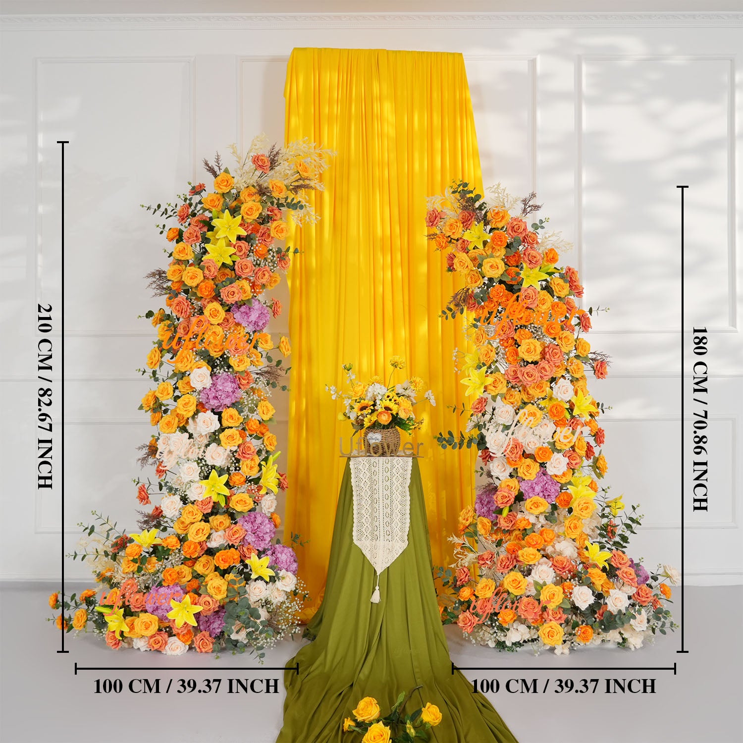 Uflower Orange Yellow Floral Horn Arch Wedding Party Backdrop Decor